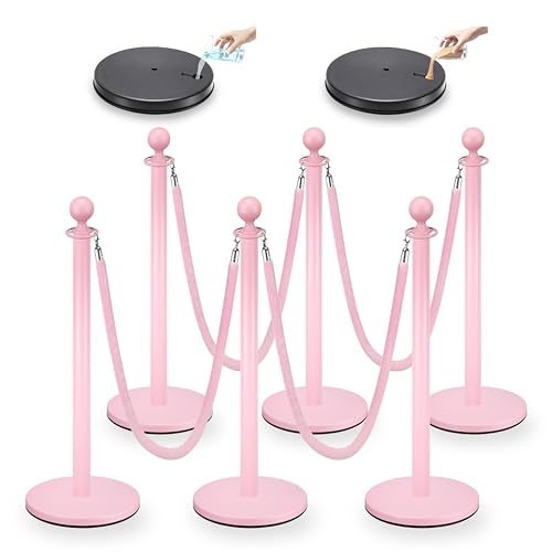 Pink Stanchions and Velvet Ropes 6pcs Stainless Steel Posts | 4pcs 5ft Pink Velvet Ropes Crowd Control Barriers with Durable Refillable Base for Wedding, Party & Exhibition Events - color: Pink, size: 6 PCS