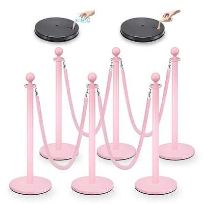 Pink Stanchions and Velvet Ropes 6pcs Stainless Steel Posts | 4pcs 5ft Pink Velvet Ropes Crowd Control Barriers with Durable Refillable Base for Wedding, Party & Exhibition Events - color: Pink, size: 6 PCS