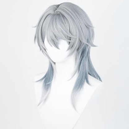 Anime Gray Blue Wig Fantasy Western Priest, Angel Style Halloween | Men Long Straight Wig Layered Haircut Christmas,Comic con Heat Resistant Fiber Wig Breathable Rose Mesh Inner Free Cap - color: Gray
