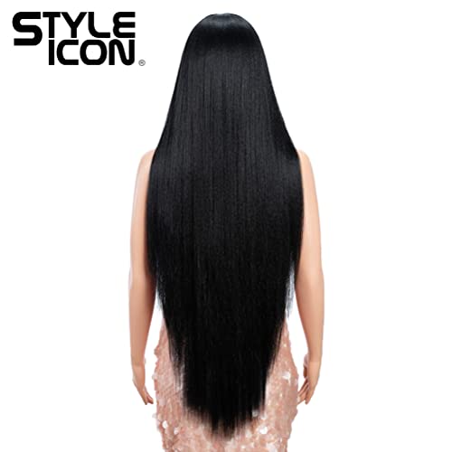 Style Icon 36" Lace Front Wigs Super Long Yaki Straight Wig With Baby Hair 130% Density Synthetic Wig (36 Inches, 1B)