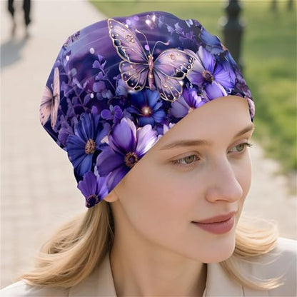 Art Owl Women's Slouchy Beanie Hat Cute Turban Hats Cancer Headwear Caps Baggy Skull Sleep Scarf - color: Purple Butterfly Floral