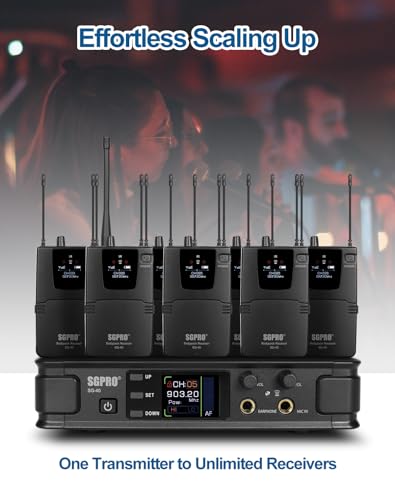 SGPRO Wireless in-Ear Monitor System, IEM System Mono with Metal Transmitter, Bodypack Receiver Monitor Earphones, 85 Adjustable Frequencies 262ft Operation for Bands, Studio & Events