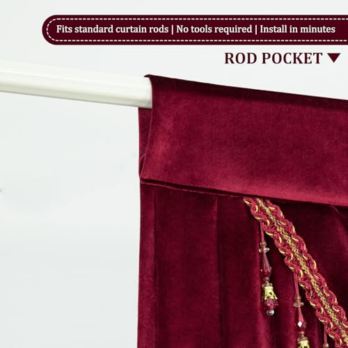 Extra Wide Burgundy Velvet Waterfall Valance, 110 x 43, 1 Panel | Soft Velvet Fabric, Beaded Tassel Trim, Creates Graceful Folds Layered look, Designed For Large Windows, Rod Pocket Top - color: Burgundy, size: 110"W x 43"L (Pack of 1)