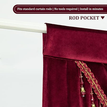 Extra Wide Burgundy Velvet Waterfall Valance, 110 x 43, 1 Panel | Soft Velvet Fabric, Beaded Tassel Trim, Creates Graceful Folds Layered look, Designed For Large Windows, Rod Pocket Top - color: Burgundy, size: 110"W x 43"L (Pack of 1)