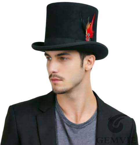 GEMVIE Men 100% Wool Mad Hatter Satin Lined Black Top Hats 6.7" High Topper Hat - size: 7 1/8