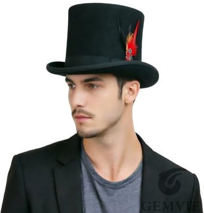 GEMVIE Men 100% Wool Mad Hatter Satin Lined Black Top Hats 6.7" High Topper Hat - size: 7 3/8