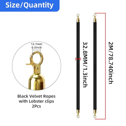 2 Pack 6.5FT/2M Velvet Stanchion Rope, Black Crowd Control Safety Barriers with Polished Gold Lobster Hooks for Movie Theater, Queue Barrier, Grand Openings, Hotel Celebration, Carpet Event - color: Black
