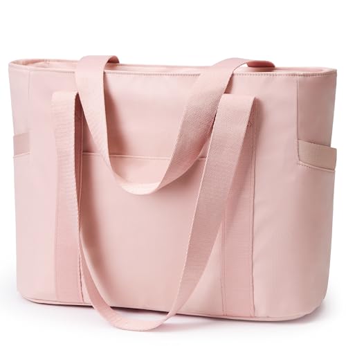 WLLWOO Large Tote Bag, 14” Laptop Work Travel Bag with Trolley Sleeve | Multi Pocket Water Splash Zipper Shoulder Handbag for Women Daily Nurse Gym Commute - color: Pink