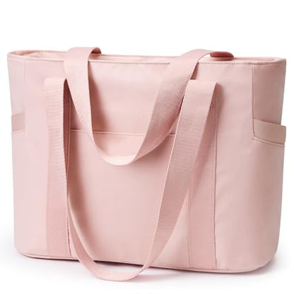 WLLWOO Large Tote Bag, 14” Laptop Work Travel Bag with Trolley Sleeve | Multi Pocket Water Splash Zipper Shoulder Handbag for Women Daily Nurse Gym Commute - color: Pink