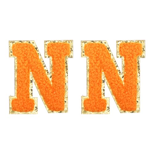 MECCANIXITY Chenille Letter Patches 2.2" Self Adhesive Alphabet N Stick on Embroidered Patch Sew on Letter Stickers Applique for Repairing Clothing Jeans Shoes Hats DIY(Orange, Pack of 2) - style: Letter-N