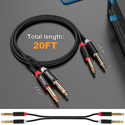 HOSONGIN Dual 1/4 inch TS to Dual 1/4 inch TS Stereo Interconnect Insert Cable for Amplifer Mixer, 20 Feet, PVC Jacket-Gold Plated Plug-Double Shielding - size: 20 Feet