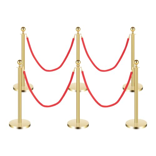 6PCS Stanchions and Velvet Ropes,4 Red 4.92" L Velvet Ropes and 37.4" H Stainless Steel Posts with Hollow Base, Crowd Control Barriers Stanchions, Carpet Runner Poles for Party Supplies,Gold - color: Gold