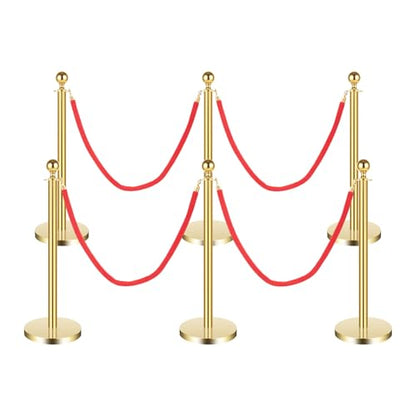 6PCS Stanchions and Velvet Ropes,4 Red 4.92" L Velvet Ropes and 37.4" H Stainless Steel Posts with Hollow Base, Crowd Control Barriers Stanchions, Carpet Runner Poles for Party Supplies,Gold - color: Gold