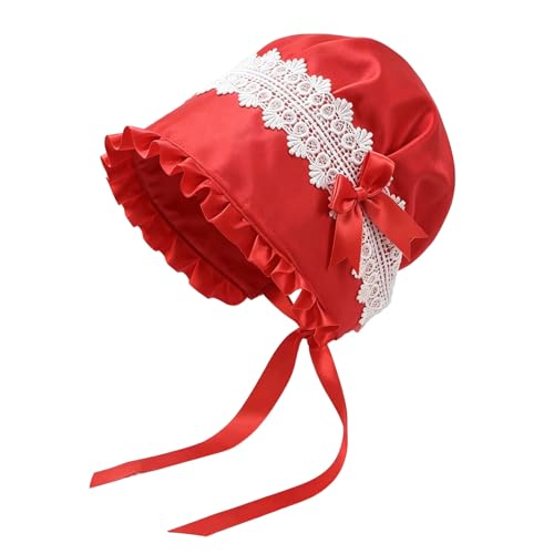 Women's Colonial Bonnet Cap, Cotton Blend, One Size, Flower Pattern, Victorian Housemaid Mob Hat Costume Accessory - color: Red