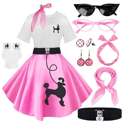 1950s Poodle Skirt Outfit Women 50s Sock Hop Costume T Shirt Accessories - color: Pink, size: XX-Large