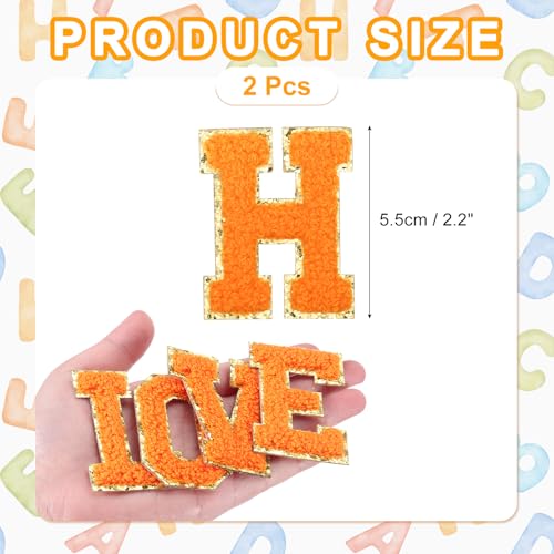 MECCANIXITY Chenille Letter Patches 2.2" Self Adhesive Alphabet H Stick on Embroidered Patch Sew on Letter Stickers Applique for Repairing Clothing Jeans Shoes Hats DIY(Orange, Pack of 2) - style: Letter-H
