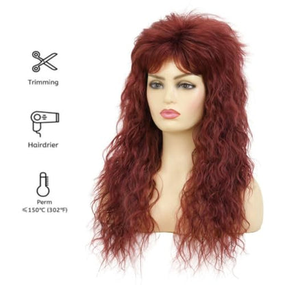 Red Long Curly Wig for Women 80s Rocker Wig with Bangs Synthetic Heat Resistant Wigs for Halloween Costume Cosplay Use - color: Red