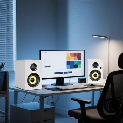 Sanyun SW206 80W 2.0 Active Bookshelf Speakers, Dual-Mode Creator & Music | 4" Carbon Fiber + 25mm Silk Dome, 24bit DAC, 6.35mm TRS Balanced + (Optical/Coaxial/AUX/USB/BT) Inputs, MDF, (Pair, White) - color: White