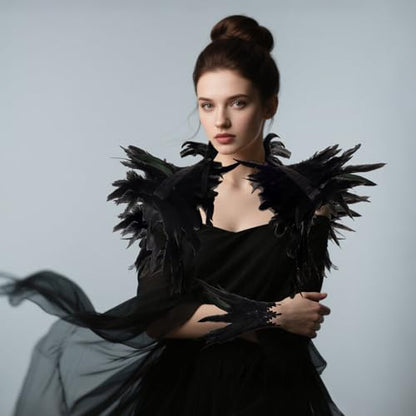 2Pcs Witch Feather Shawl Wrist Cuff for Women | Gothic Crow Shrug Shawl, for Halloween, Feather Costume Accessories - color: Black