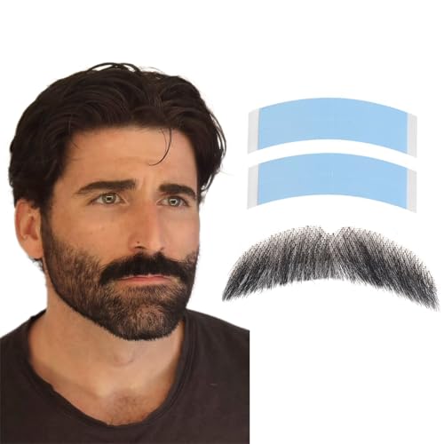 Hand-Tied Human Hair Fake Beard and Mustache for Costumes and Theater | Hand-knotted human hair on lightweight lace creates natural-looking facial hair for costumes, cosplay, theater and film - color: Style 2--black