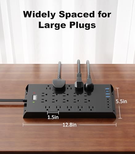 Surge Protector Power Strip 4800J, LeZone 10Ft Long Extension Cord Flat Plug, 20 Outlets 4 USB-A 4 USB-C Ports, Wall Mountable, Home Office Dorm Essentials, Black - size: 10FT, style: 20AC+8USB(1-Side)