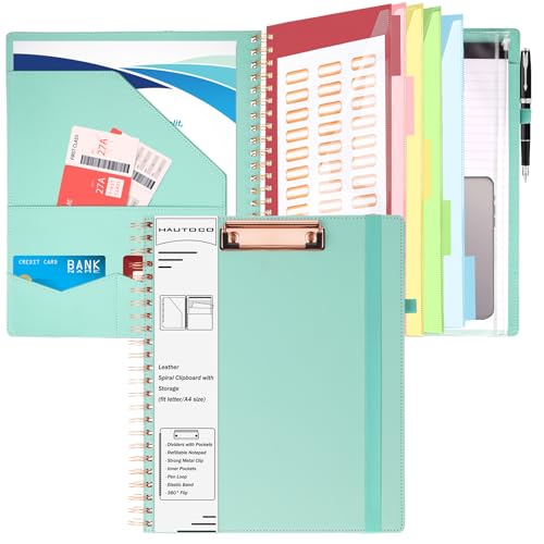 HAUTOCO Spiral Leather Clipboard Folio with Notepad (8.5 x 11''), 5 Folders with 10 Pockets, Storage Zipper Pouch, Pen Loop, 39 Stickers, Padfolio Organizer for Work School, Blue - color: Blue