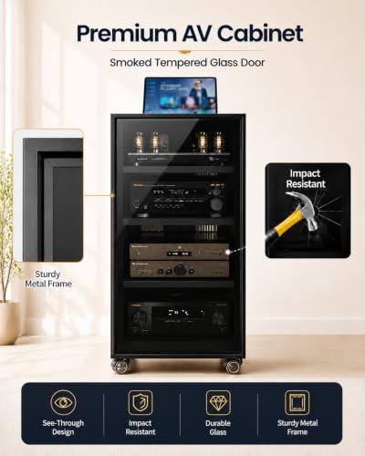 4-Tier Walnut Media Cabinet with Glass Door & Adjustable Shelves | 198 lb Capacity, Clear Tempered Glass with Metal Frame, Ventilated Design, Cable Management, and Locking Caster Wheels - color: Walnut, size: 4-tier