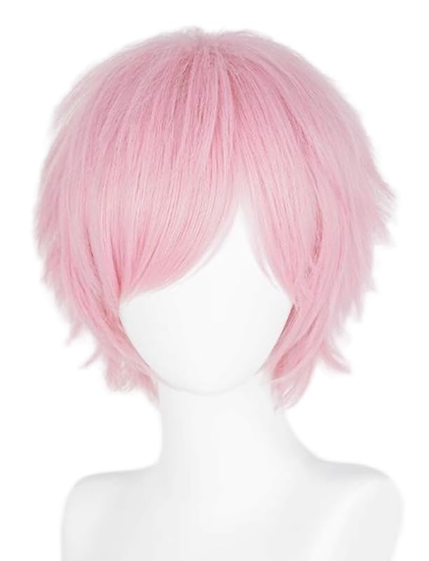 LABEAUTÉ Short Baby Pink Anime Cosplay Wig Male Men Anime Layered Unisex Heat Resistant Hair Wig with Bangs for Party and Halloween for Gift + Free Cap - color: Baby Pink