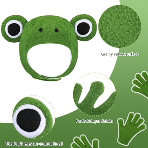 Zoooyawn 3 Pcs Frog Costume Accessory Set Cute Plush Green Frog Hood Gloves and Hat for Adult Outfit Cosplay Party Decoration Supplies