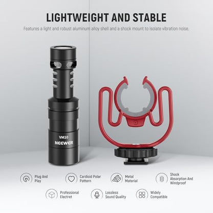 NEEWER VM10 Plug & Play Vlog Microphone for Camera, Mini Supercardioid Mic | 20-20KHz, Compatible with Sony Canon Nikon iPhone Samsung Android Tablet Mac, 3.5mm TRS, USB C OTG, Shock Mount, Windscreen - style: VM10