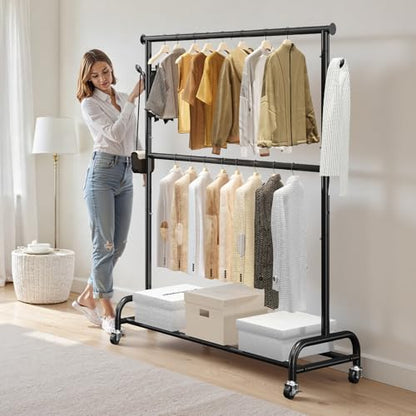 VEVOR Clothes Rack, Rolling Clothing Garment Rack with Adjustable Crossbar and Side Hooks, 150 lbs Load Capacity, Heavy Duty Carbon Steel Clothing Racks with Wheels for Bedroom, Laundry, Living Room