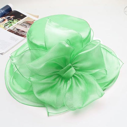 Women Derby Fascinator Hat Organza Church Wedding Hats Wide Brim Cocktail Tea Party Hat - color: 039 Mint Green