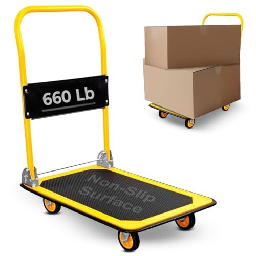 Mount-It! Heavy Duty Folding Hand Truck Dolly Platform Truck, 660 lb Flatbed Cart with Wheels, Foldable Platform Cart with 360° Swivel Casters, Push Cart for Moving Boxes & Furniture (MI-921) - size: 660 Lbs Fixed