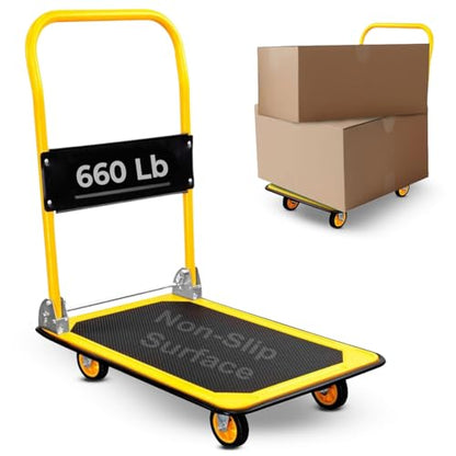 Mount-It! Heavy Duty Folding Hand Truck Dolly Platform Truck, 660 lb Flatbed Cart with Wheels, Foldable Platform Cart with 360° Swivel Casters, Push Cart for Moving Boxes & Furniture (MI-921) - size: 660 Lbs Fixed