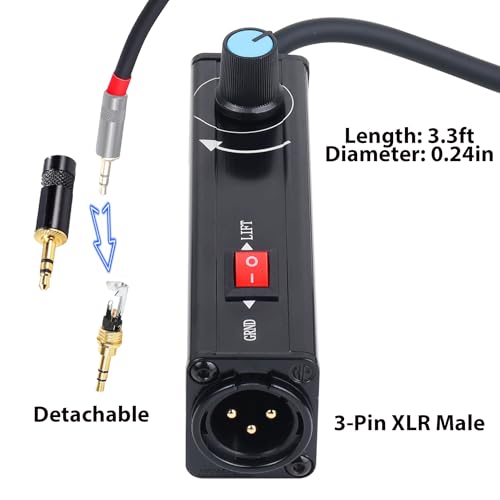 AUX to XLR Isolation Box, 3.5mm TRS to 3-Pin XLR Hum Eliminator with Volume Control, Built-in Audio Transformer & Ground Lift Switch, 3.3ft Cord, Removable Gold Coated AUX Plug