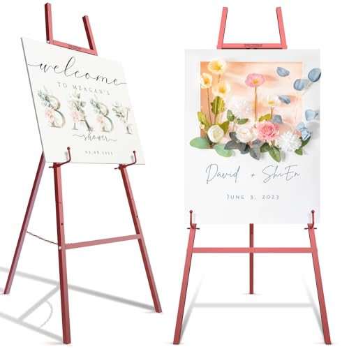 Easel Stand for Sign, Heavy Duty Metal Display Easel with Adjustable Chain, 4-Tier Height Art Easel for Painting, Wedding Sign, Posters & Commercial Display - color: Red