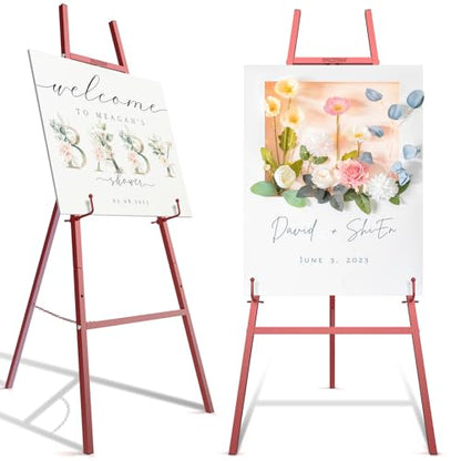Easel Stand for Sign, Heavy Duty Metal Display Easel with Adjustable Chain, 4-Tier Height Art Easel for Painting, Wedding Sign, Posters & Commercial Display - color: Red
