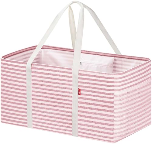 LHZK Standing Extra Large Utility Tote Bag with Metal Wire Frame and the Sides Rinforced, Extra Large Tote Bag with Handle, Reusable Grocery Bags Foldable, Beach Bag, Car Tote (Pink, 26''x15''x13'') - color: Pink, size: 26''x15''x13''-1 Pack