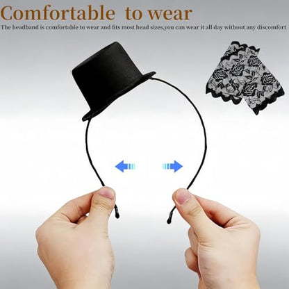 Mini Cowboy Top Hat Headband with Black Lace Gloves,Stylish Costume Accessory for Parties Weddings and Cosplay, Men and Women Black Top Hat Hairband Accessories