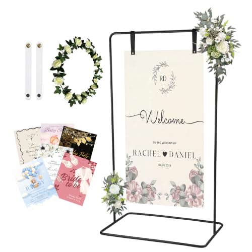 Wedding Welcome Sign Stand Fabric Banner Stand With Design Bundle Rose Vine | Cloth Linen Sign Holder Easel Stand for Sign Poster, Bridal Baby Shower With Stand Adjustable Welcome to Our Wedding , Black - color: Black