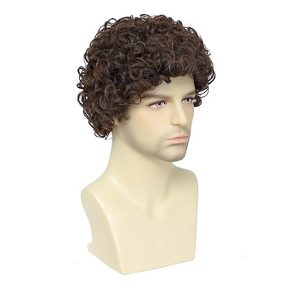 Adequate Mens Short Afro Curly Wig for Male，70s 80s Disco Guy Rocker wigs，Halloween Cosplay Fancy Wigs for Daily Party Costume (Brown) - color: Light Brown