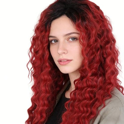 Womens Long Curly Wig Vibrant Red to Black Ombre, Full Voluminous Curls - color: Ombre Red