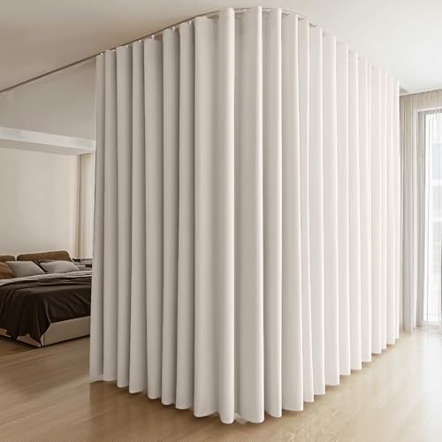 MaKefeile Room Divider Curtains & Flexible Bendable Tracks Set,Privacy Dividers Ceiling Track Curtain Window Blackout Curtains for Living Room Bedroom (W150 × H96 in 1 Panel Beige Drape & White Rail) - color: Beige, size: 150"W x 96"L (Pack of 1)