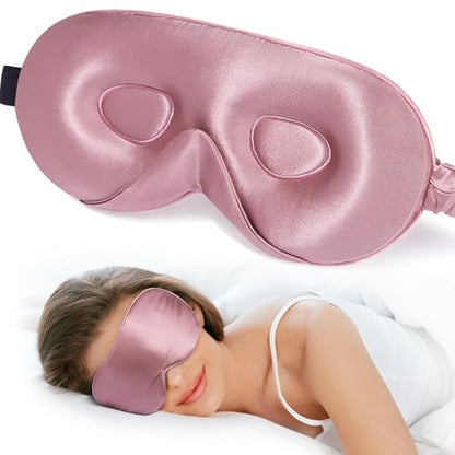 LitBear 100% 22 Momme Mulberry Silk Sleep Mask - 3D Contoured, Bean Pink | Pure Silk, Eyelash-Friendly, Soft, Breathable, Perfect Blocks Light, Tangle-Free Adjustable Strap, Travel Pouch - color: Bean Pink