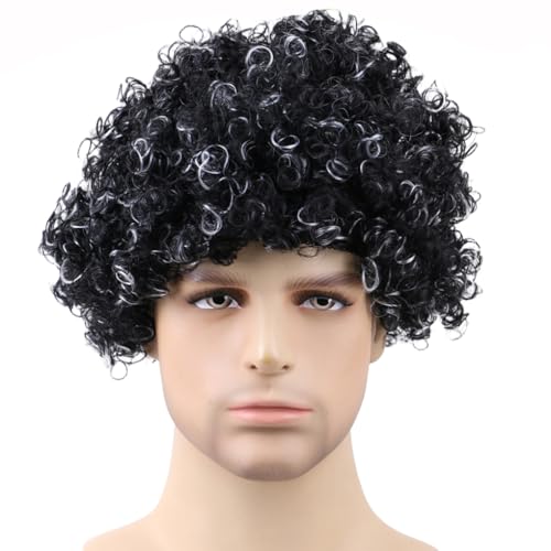 Funny Wigs Black Mixed White Afro Curly Wig for Women Men Fans Wig Disco Hippie Party Clown Wigs for Halloween Christmas Costume Cosplay Music Festiva(Common Size,Black Mixed White) - color: Black Mixed White, size: Common Size