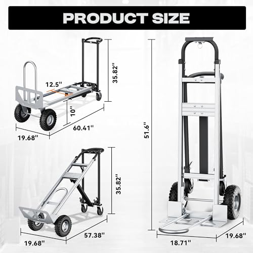 4-in-1 Convertible Dolly Cart, 850LBS Aluminum Alloy | Heavy Duty Hand Truck Dolly with wheels & Non-Slip Handle, Collapsible Cart for Luggage, Cartons, Warehouse, Office, Black - size: Large-Black
