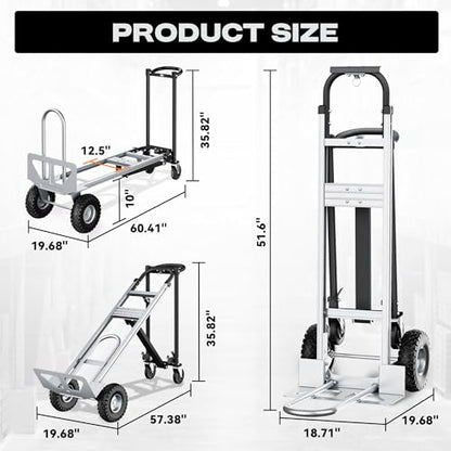 4-in-1 Convertible Dolly Cart, 850LBS Aluminum Alloy | Heavy Duty Hand Truck Dolly with wheels & Non-Slip Handle, Collapsible Cart for Luggage, Cartons, Warehouse, Office, Black - size: Large-Black