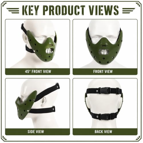 Hannibal Lecter Mask Cosplay The Silence of The Lambs Half Face Resin Mask | Halloween Costume Prop, Durable Resin, Sponge Pads, Adjustable Buckle Straps, Open Mouth Cage, Adult, for Role Play Party - color: Green