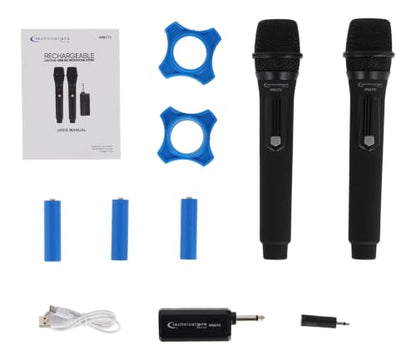 Technical Pro WMU72 Rechargeable Dual Wireless Microphones with USB-Powered Receiver, 2.4 GHz, 150 ft Range, Dynamic Cardioid Pickup, 1/4 in to 3.5 mm Adapter, for PA, DJ and Computers