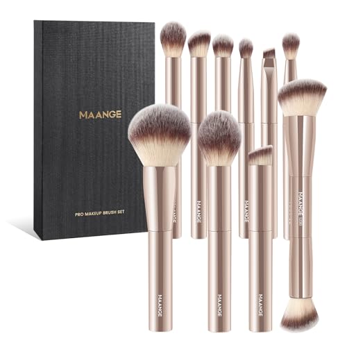 10 Pcs MAANGE Travel Makeup Brush Set with Magnetic case, Premium Synthetic Short Handle Brushes for Foundation, Powder, Concealer, Eye Shadows, Makeup Brush Tools Set(Champagne) - color: Champagne